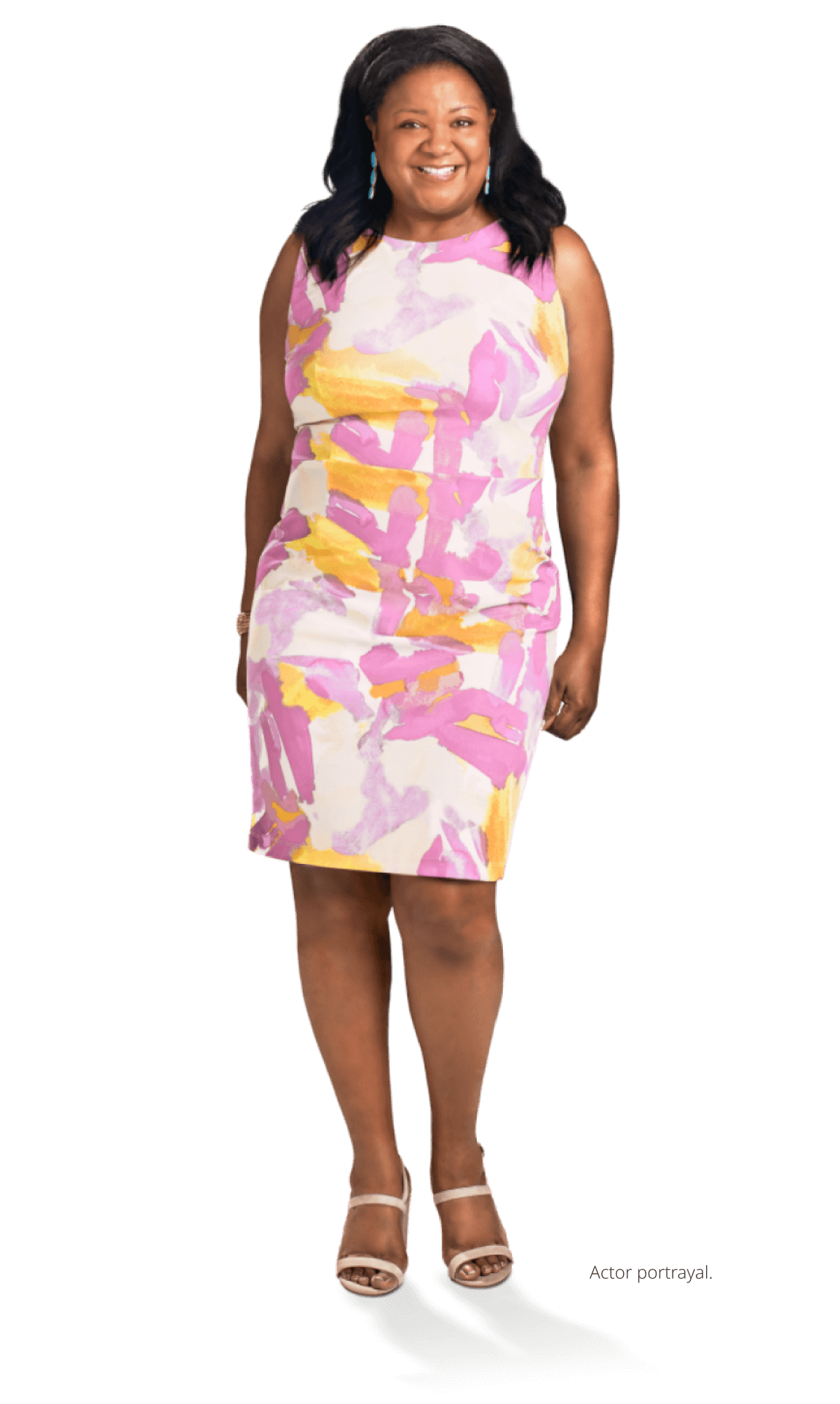 Woman in dress standing and smiling (actor portrayal)